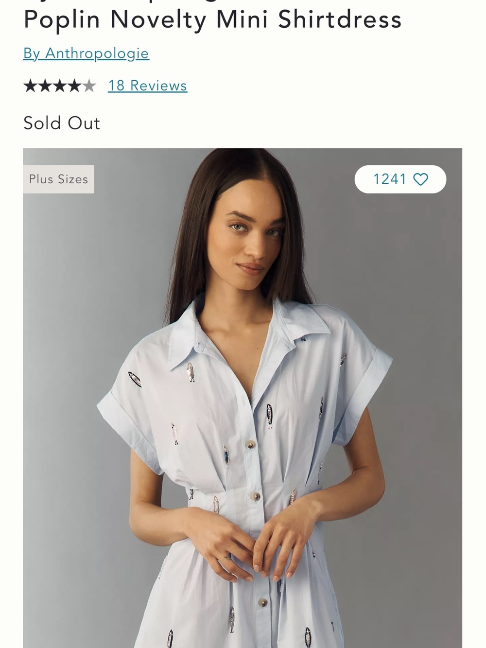 Anthropologie 100% Cotton Light Blue Poplin Novelty Mini Shirtdress